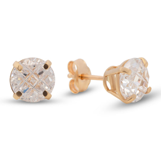 14K Yellow Gold 7MM White CZ Princess Stud Pushback Earrings