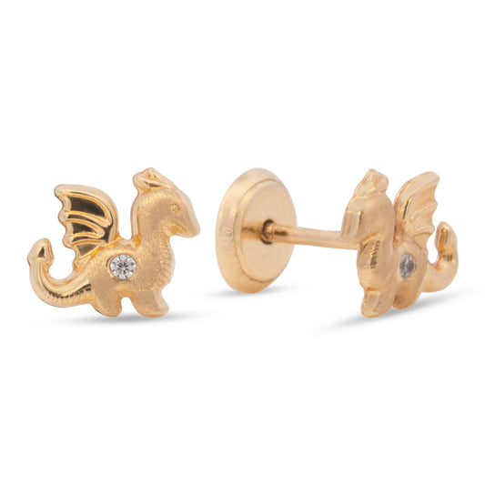 14K Yellow Gold Flying Dragon with Solitaire White CZ Stud Screwback Earrings