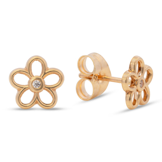 14K Yellow Gold Open Flower with Solitaire CZ Center Stud Pushback Earrings