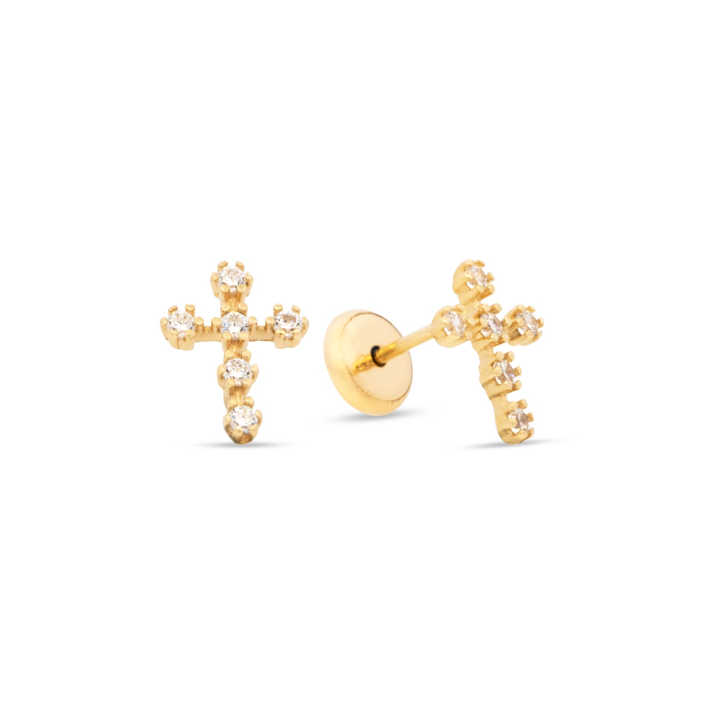 14K Yellow Gold Radiant CZ Cross Stud Screwback Earrings