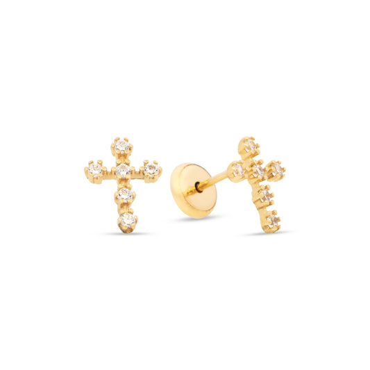 14K Yellow Gold Radiant CZ Cross Stud Screwback Earrings