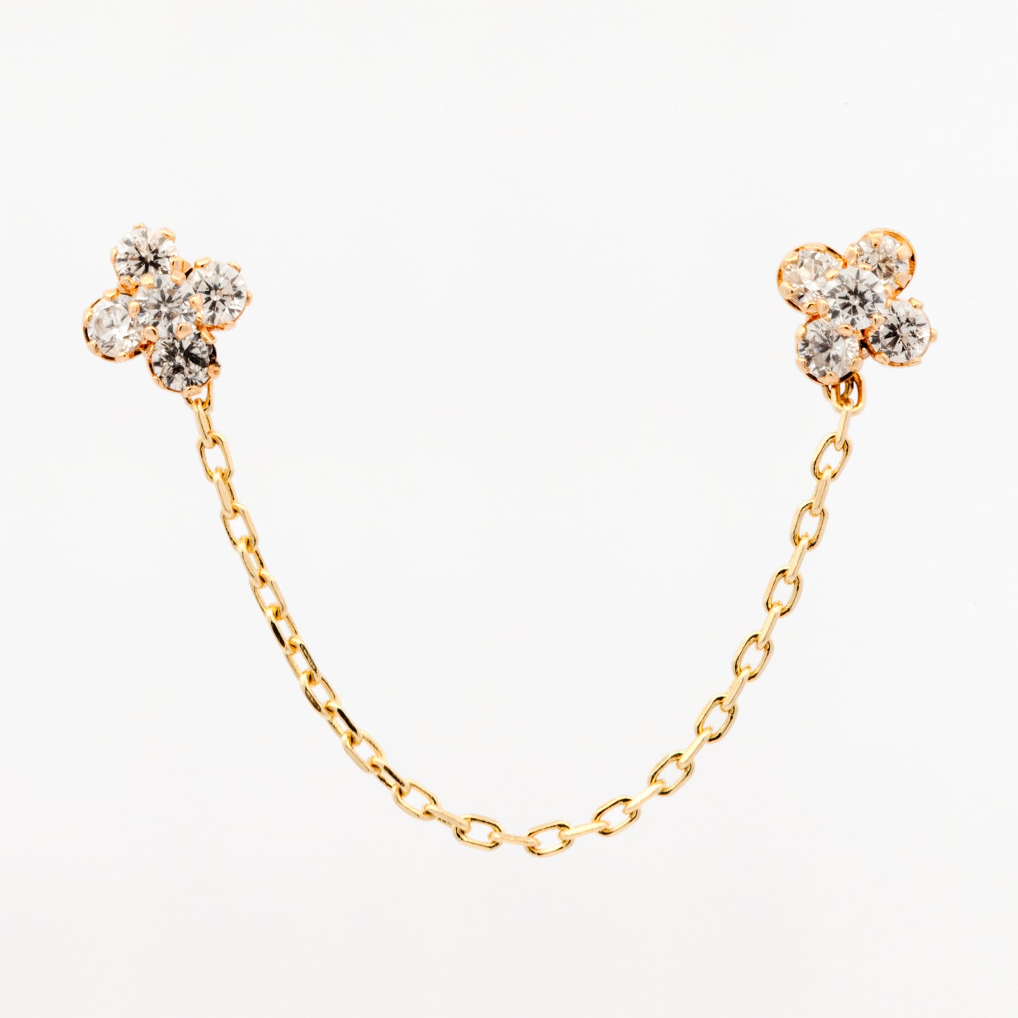 14K Yellow Gold CZ Small Flowers Connected with Chain Screwback Earrings