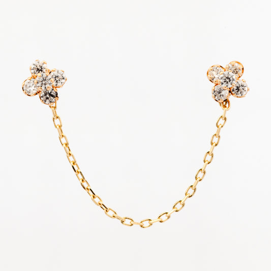 14K Yellow Gold CZ Small Flowers Connected with Chain Screwback Earrings