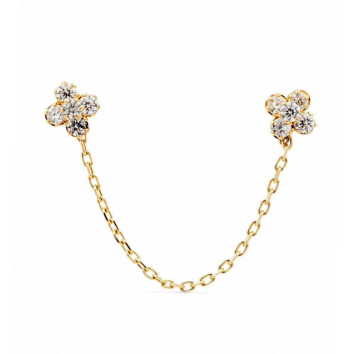 14K Yellow Gold CZ Small Flowers Connected with Chain Screwback Earrings
