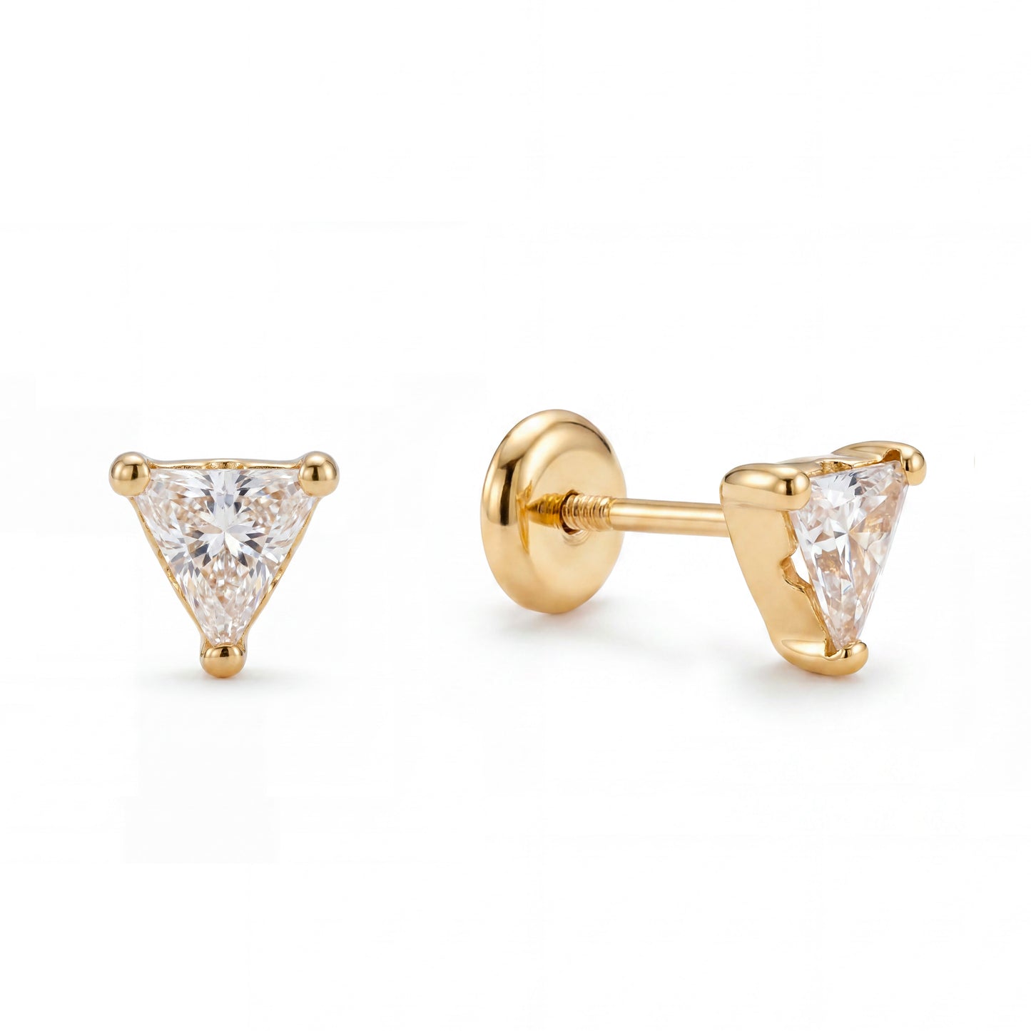 14K Yellow Gold Medium CZ Triangle Stud Screwback Earrings