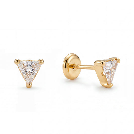 14K Yellow Gold Medium CZ Triangle Stud Screwback Earrings