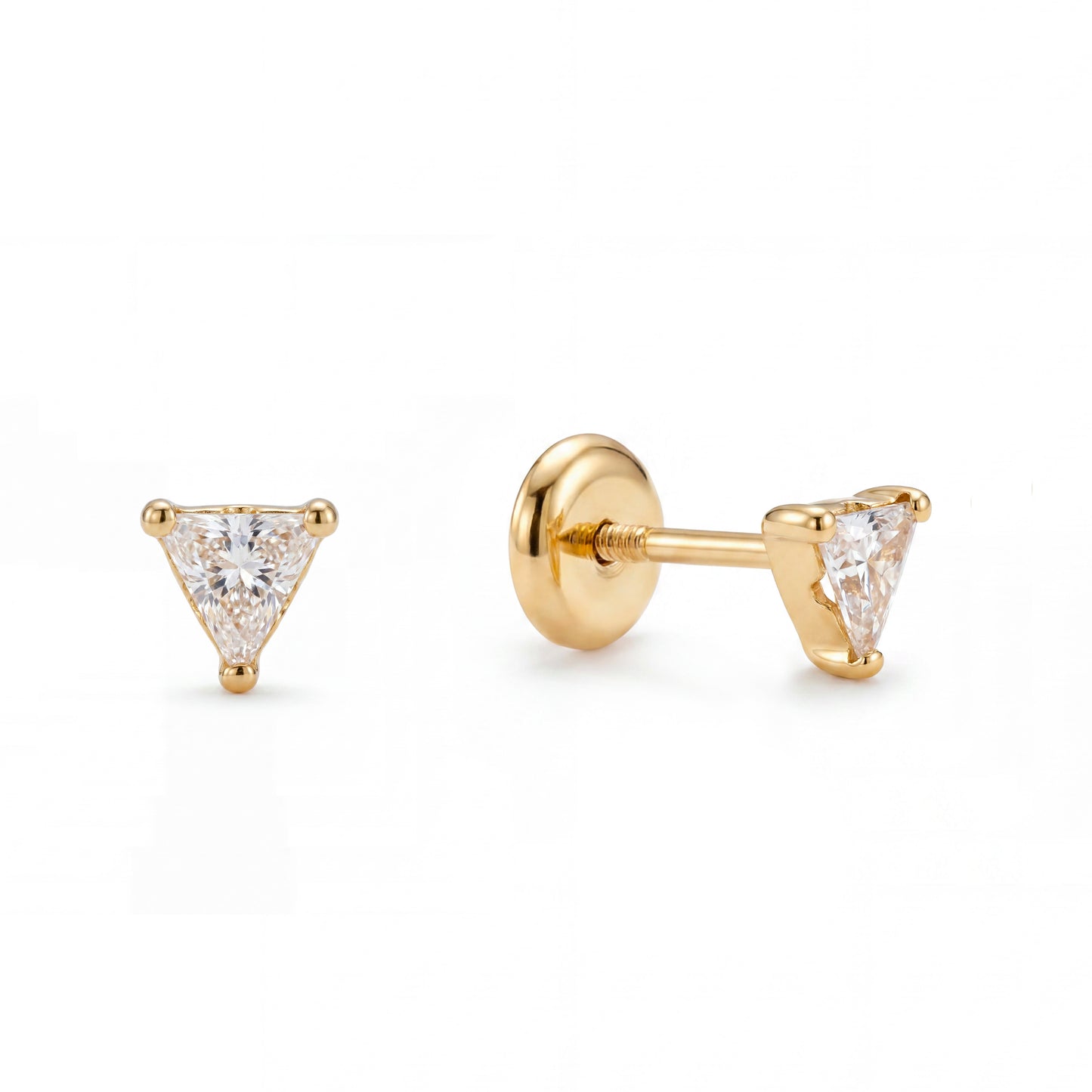 14K Yellow Gold Small CZ Triangle Stud Screwback Earrings