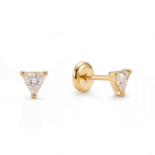 14K Yellow Gold Small CZ Triangle Stud Screwback Earrings