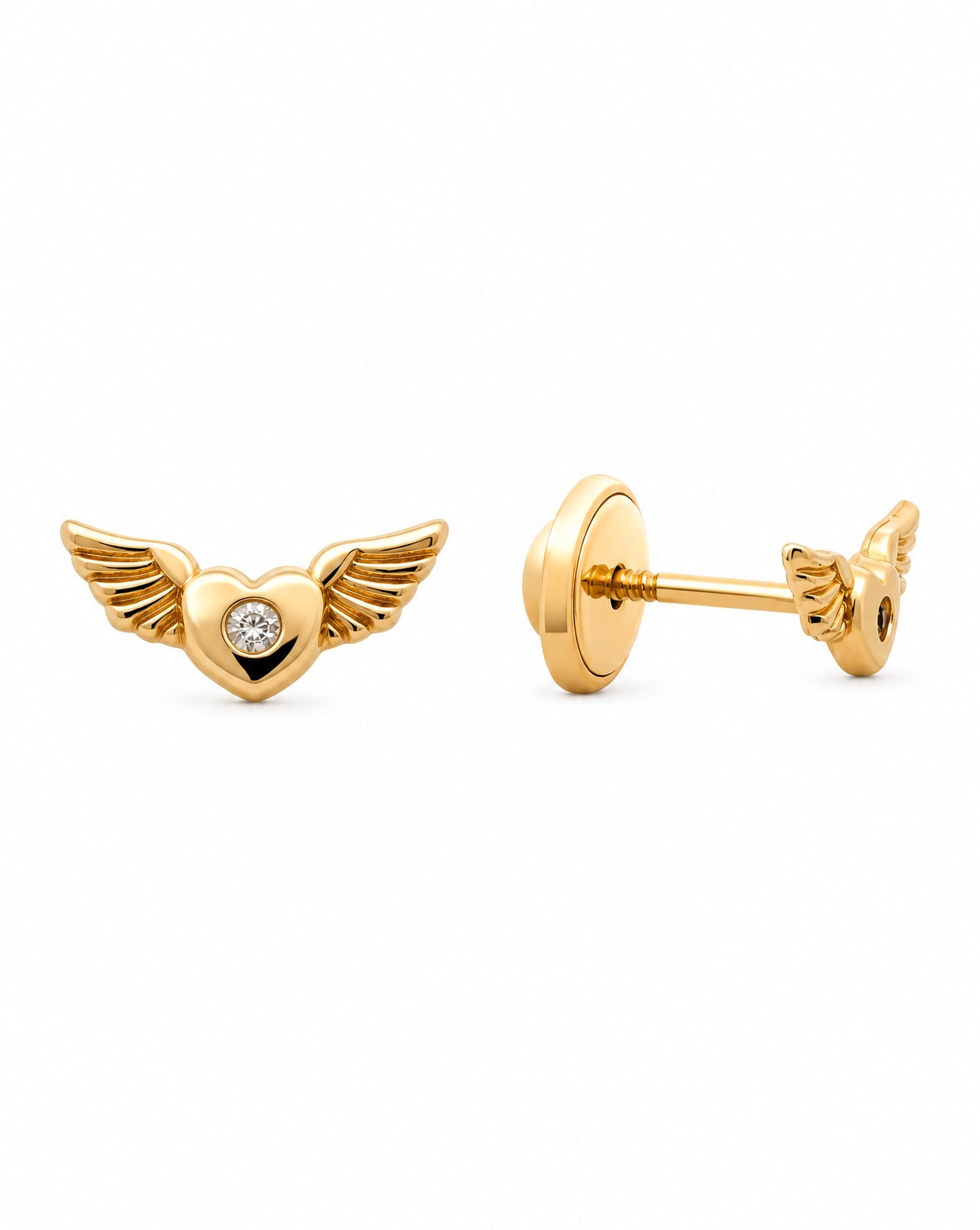 14K Yellow Gold Heart With Wings And CZ on Center Stud Screwback Earrings