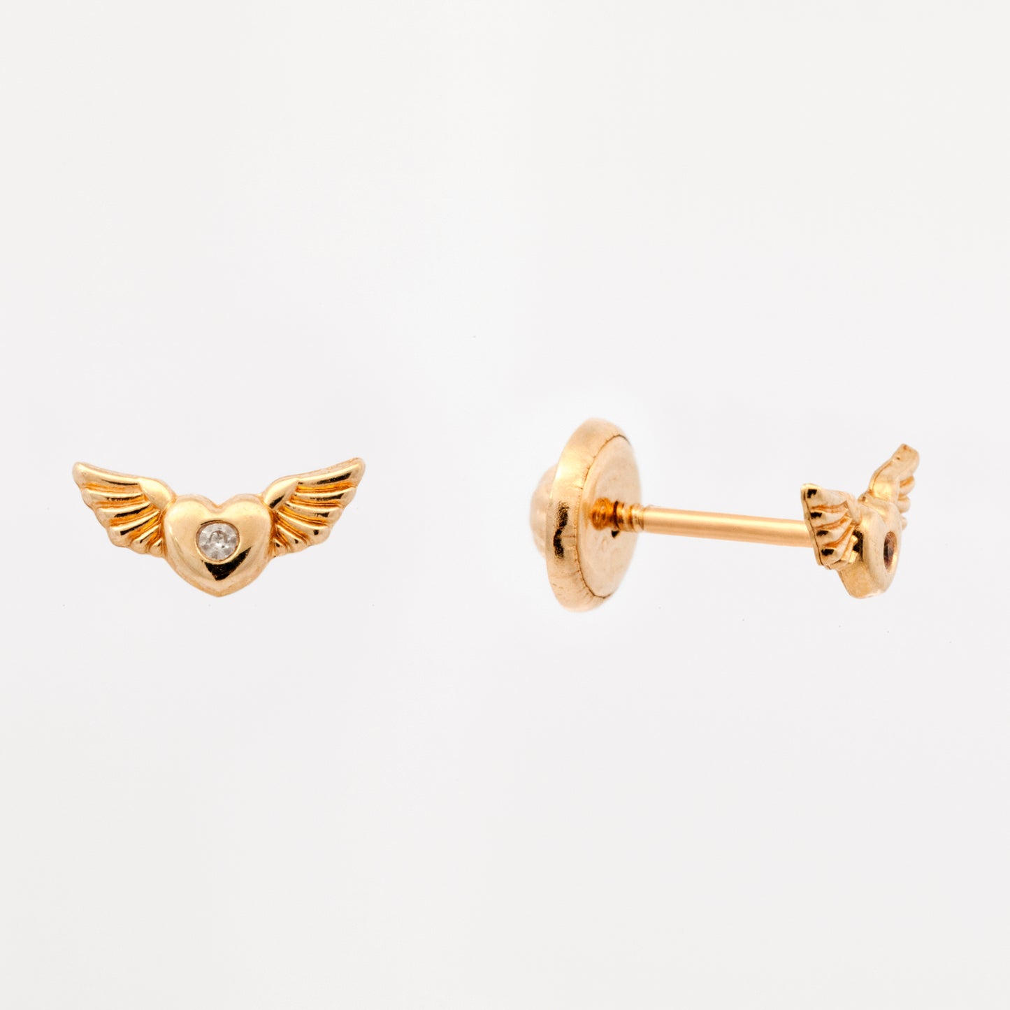 14K Yellow Gold Heart With Wings And CZ on Center Stud Screwback Earrings