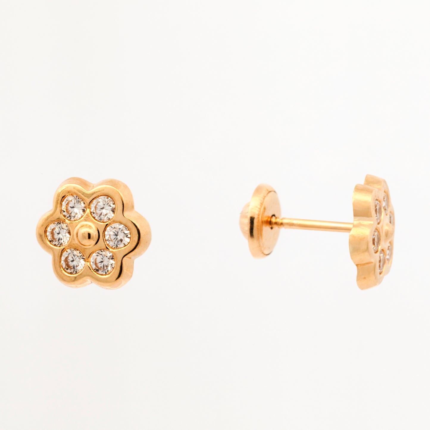 14K Yellow Gold CZ Flower Stud Screwback Earrings