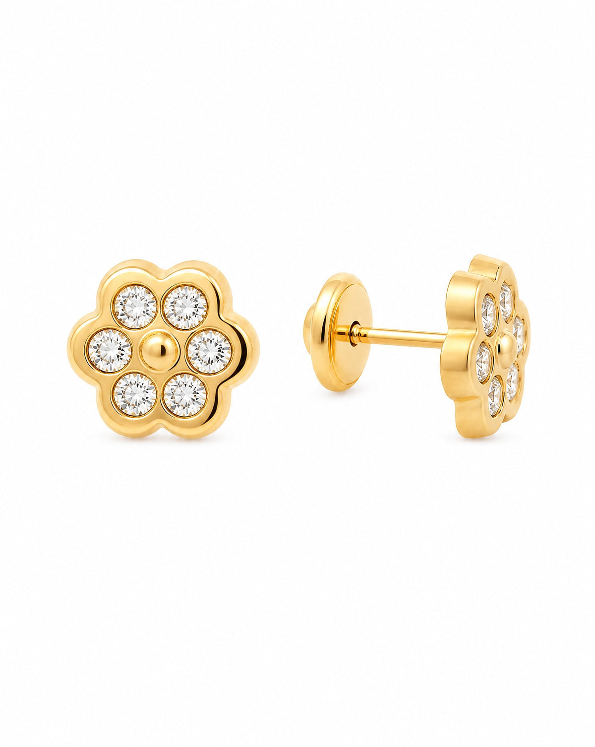 14K Yellow Gold CZ Flower Stud Screwback Earrings
