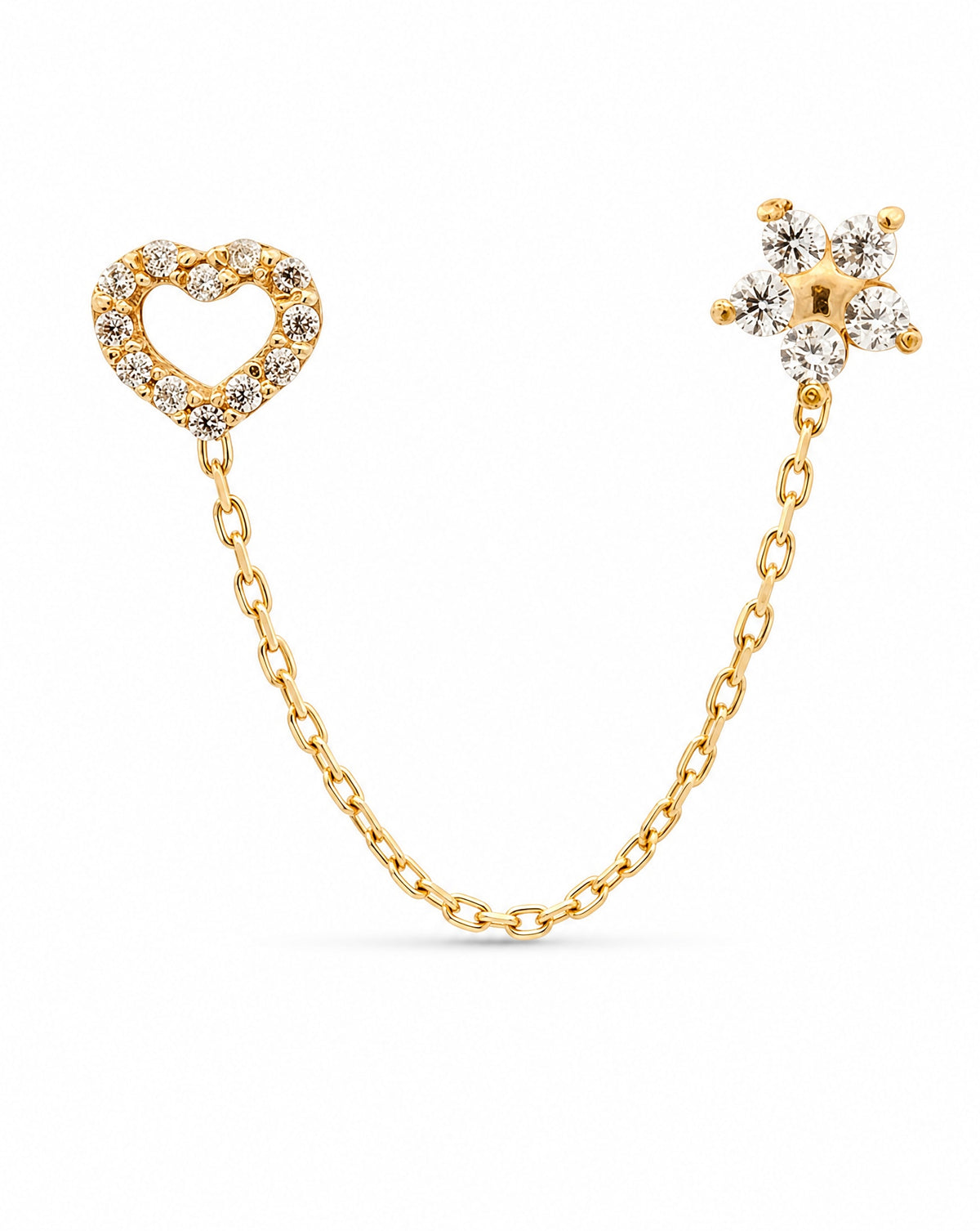 14K Yellow Gold CZ Flower and Open Heart Connected with Chain Screwback Earrings