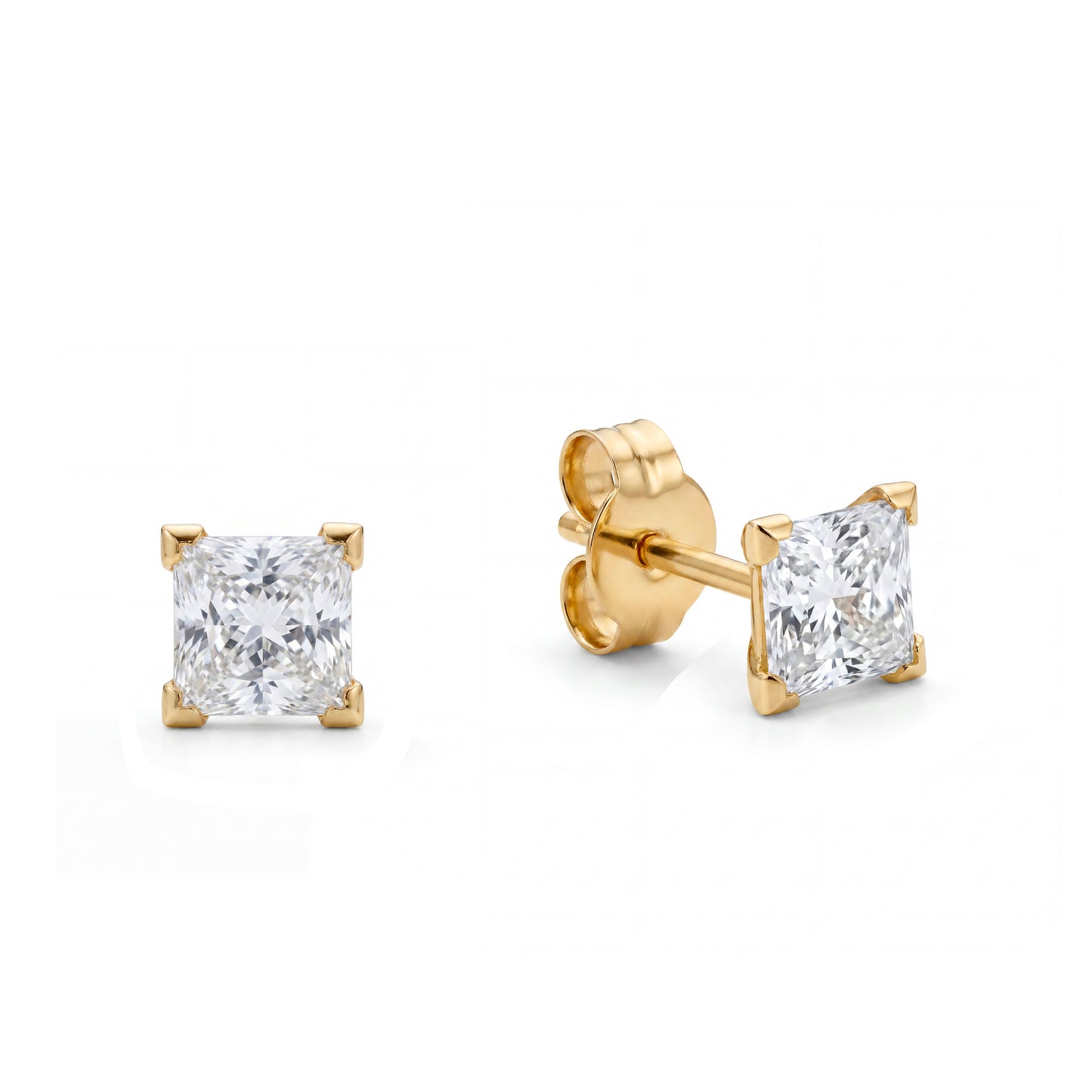 14K Yellow Gold 4MM CZ Square Cut Stud Pushback Earrings