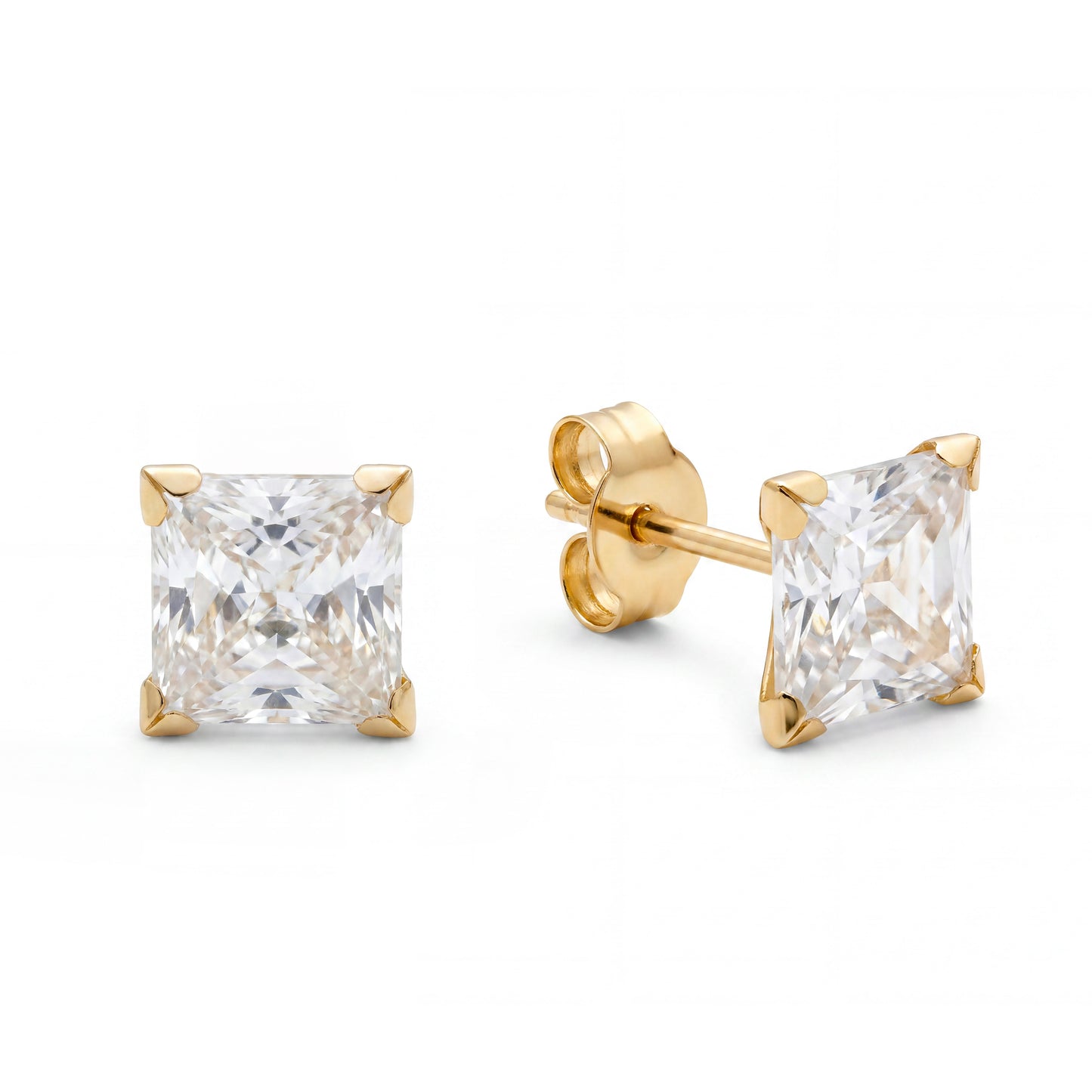 14K Yellow Gold 7MM CZ Square Cut Stud Pushback Earrings