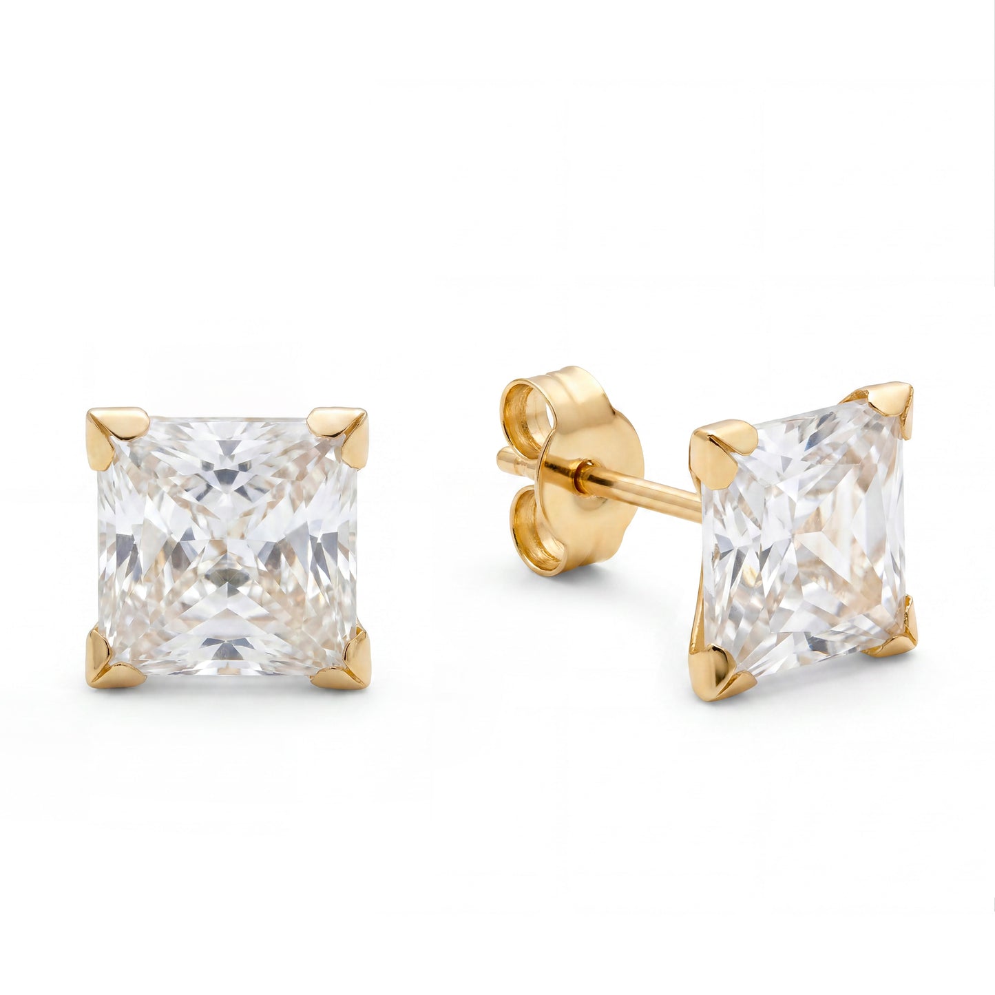 14K Yellow Gold 8MM CZ Square Cut Stud Pushback Earrings