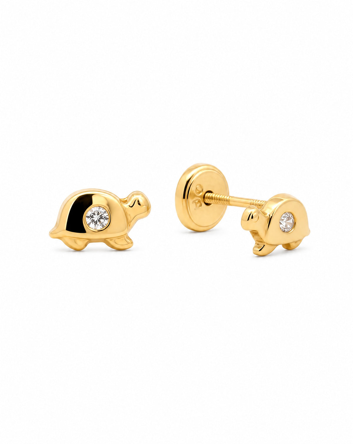 14K Yellow Gold Small Polish Turtle with CZ Screwback Earrings
