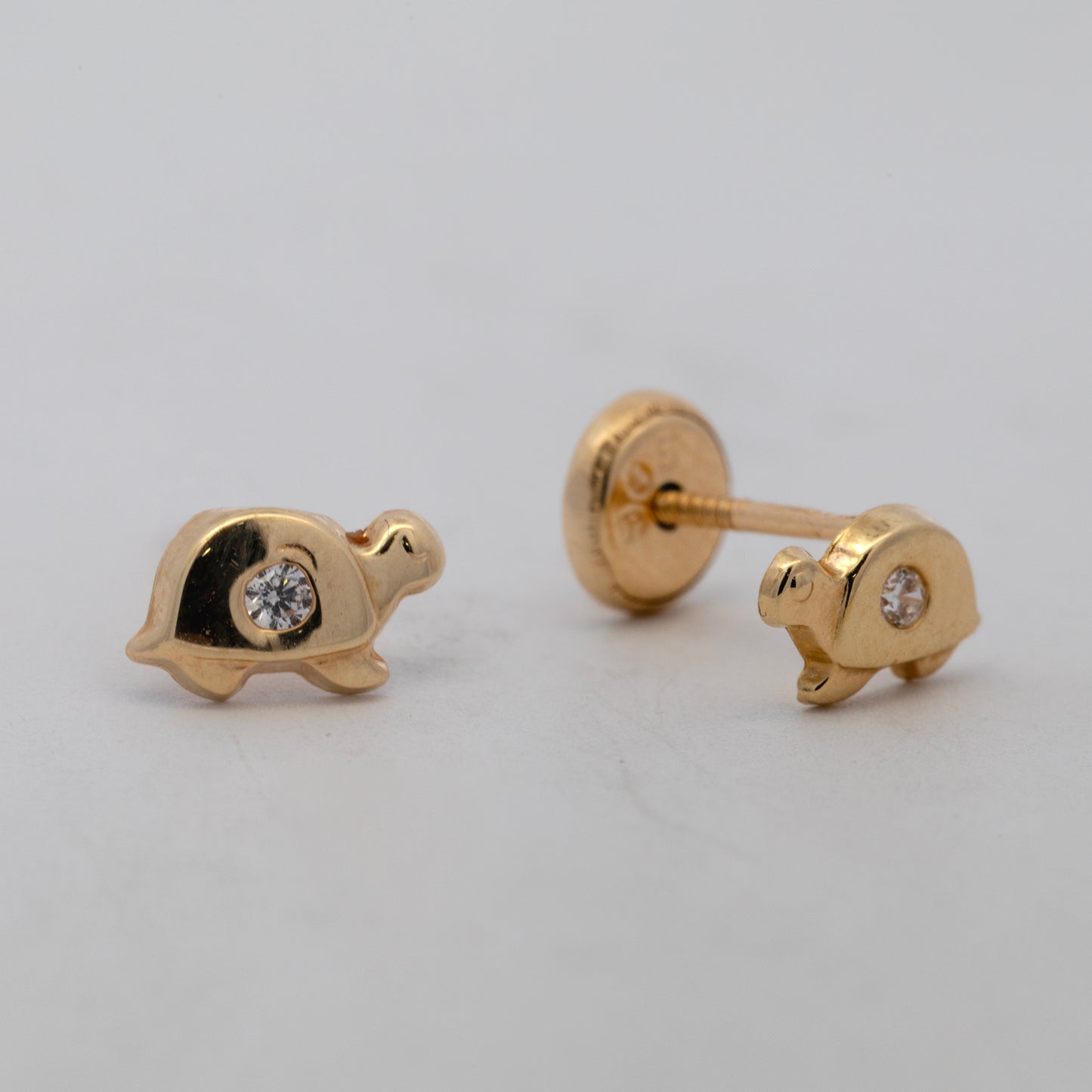 14K Yellow Gold Small Polish Turtle with CZ Screwback Earrings