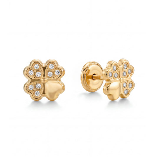 14K Yellow Gold Flower With CZ Heart Shaped Petals Stud Screwback Earrings