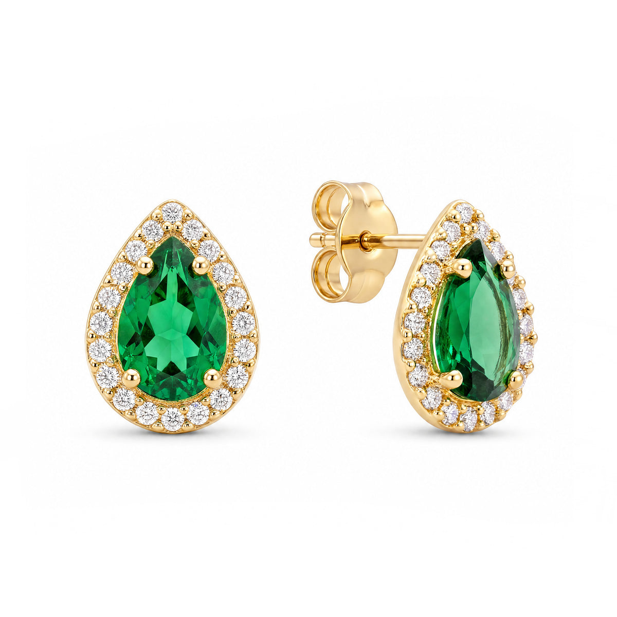 14K Yellow Gold CZ Green Pear Cut with MP Around Pushback Earring