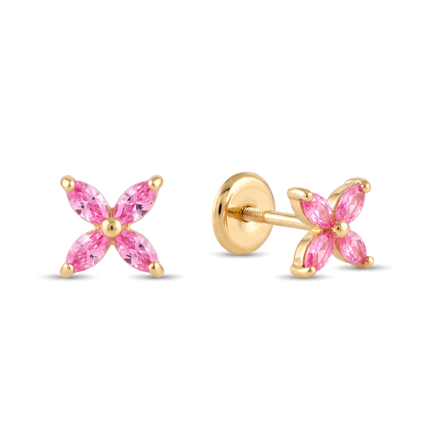 14K Yellow Gold Small Pink CZ Flower Stud Screwback Earrings