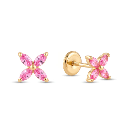 14K Yellow Gold Small Pink CZ Flower Stud Screwback Earrings