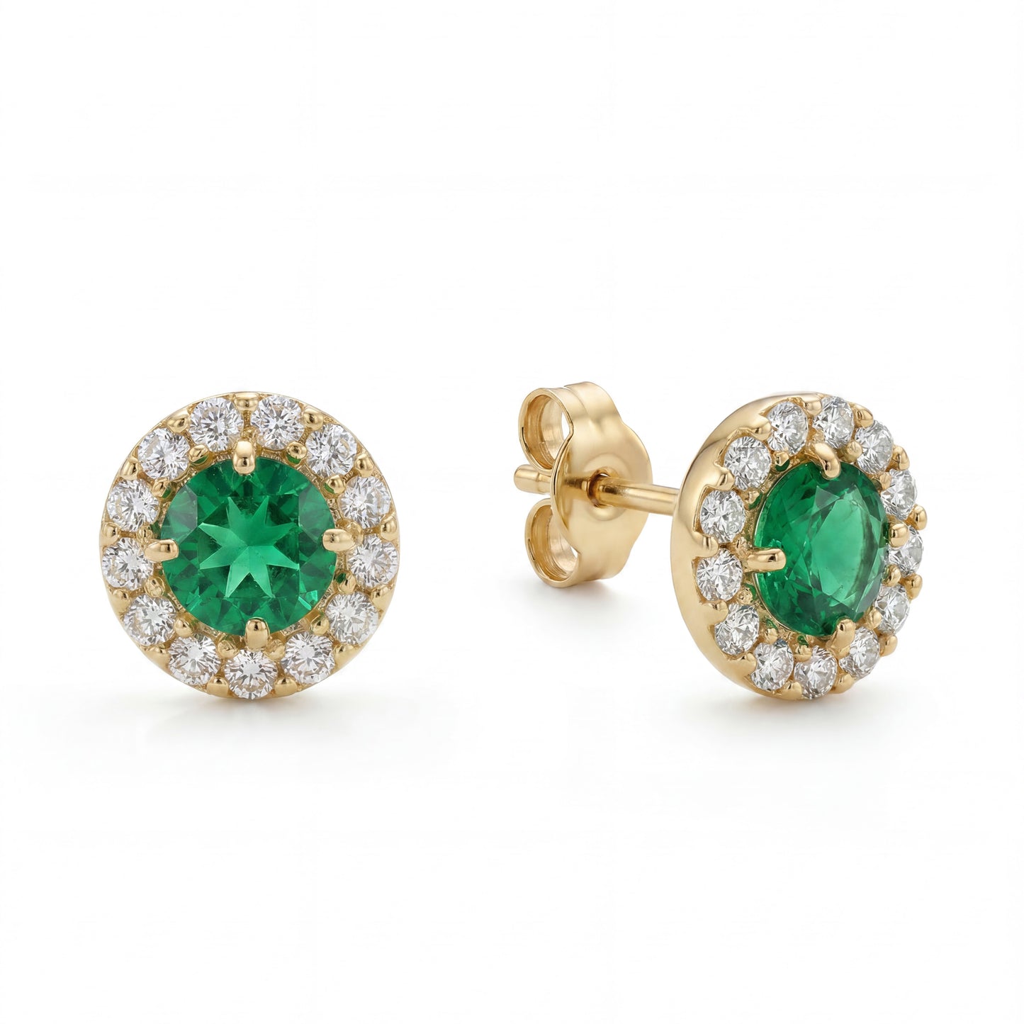 14K Yellow Gold Medium Green Round CZ and Micropave Pushback Earrings