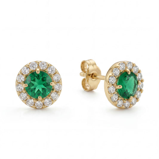14K Yellow Gold Medium Green Round CZ and Micropave Pushback Earrings