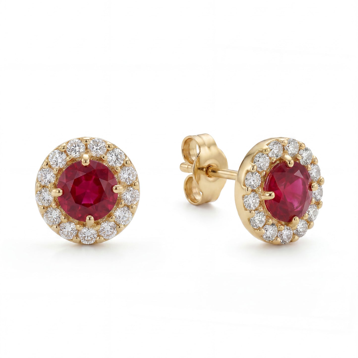 14K Yellow Gold Medium Red Round CZ and Micropave Pushback Earrings