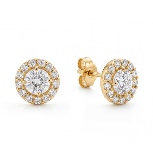 14K Yellow Gold Medium White Round CZ and Micropave Pushback Earrings