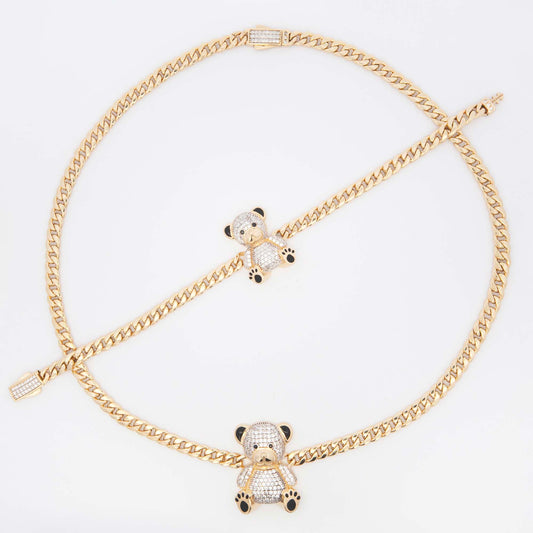 14K Yellow Gold CZ Teddy Bear with Black Enamel Monaco Set