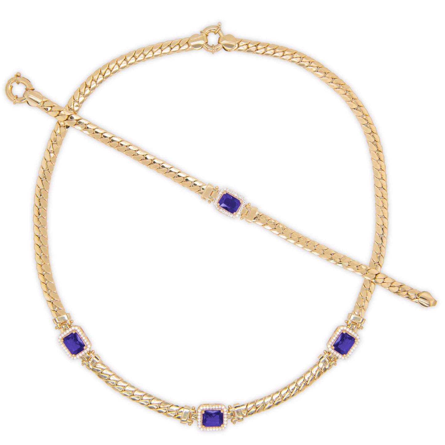 14K Yellow Gold Triple Emerald Cut CZ Blue Station Set