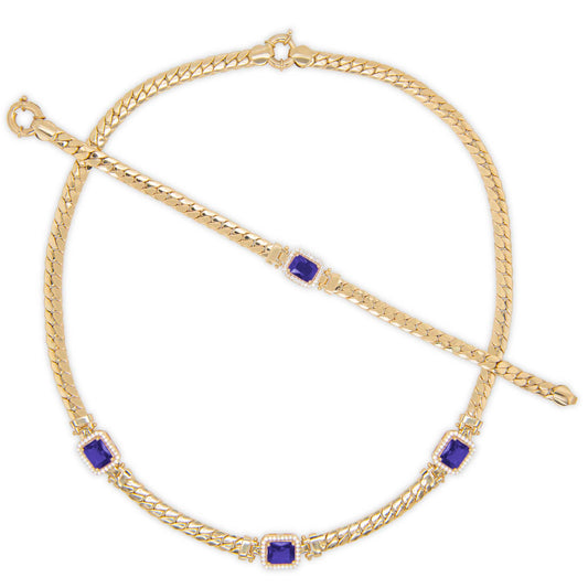 14K Yellow Gold Triple Emerald Cut CZ Blue Station Set