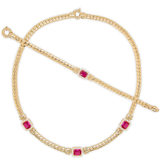 14K Yellow Gold Triple Emerald Cut CZ Red Station Set