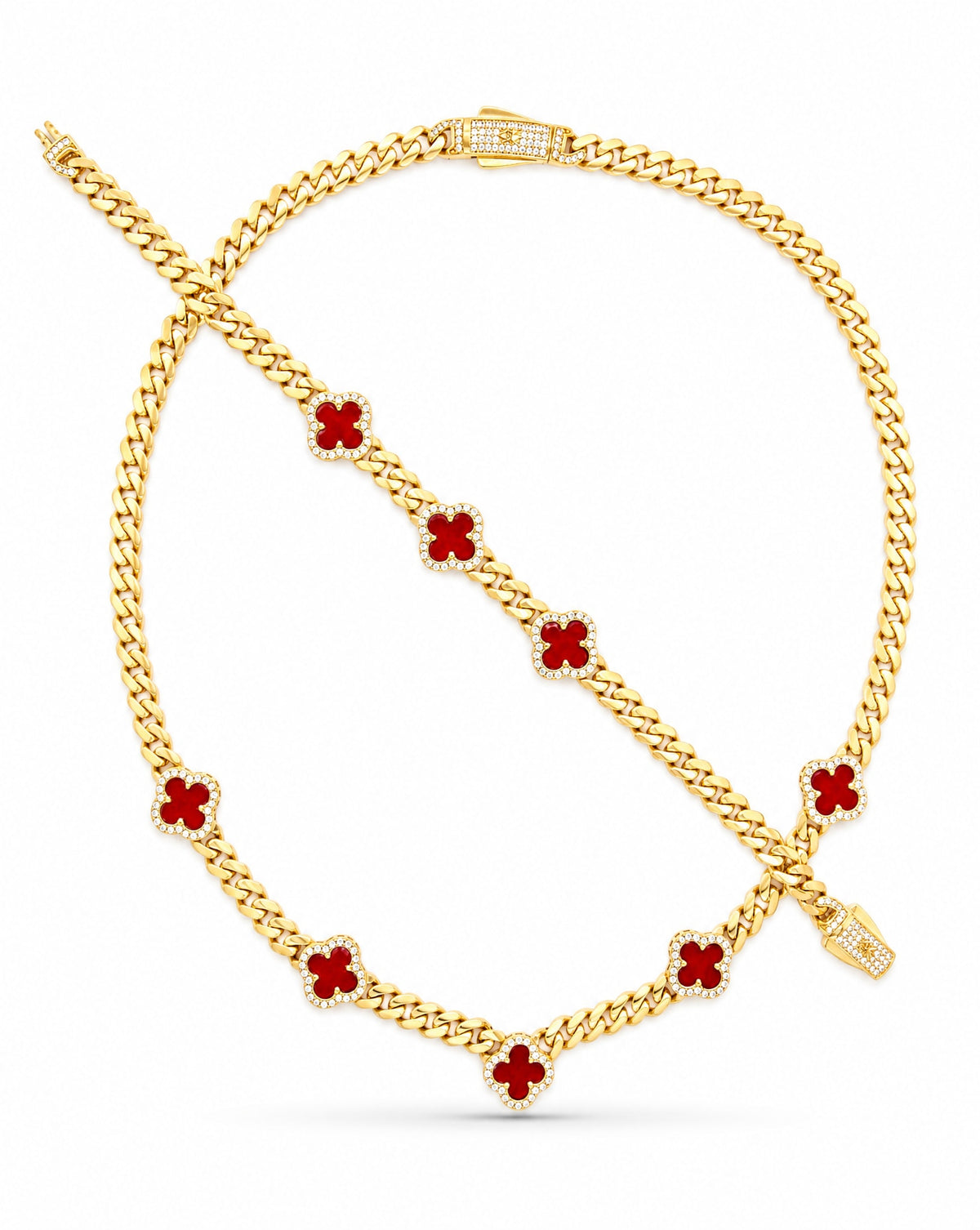 14k Yellow Gold 8 Red Acrylic Clover Set