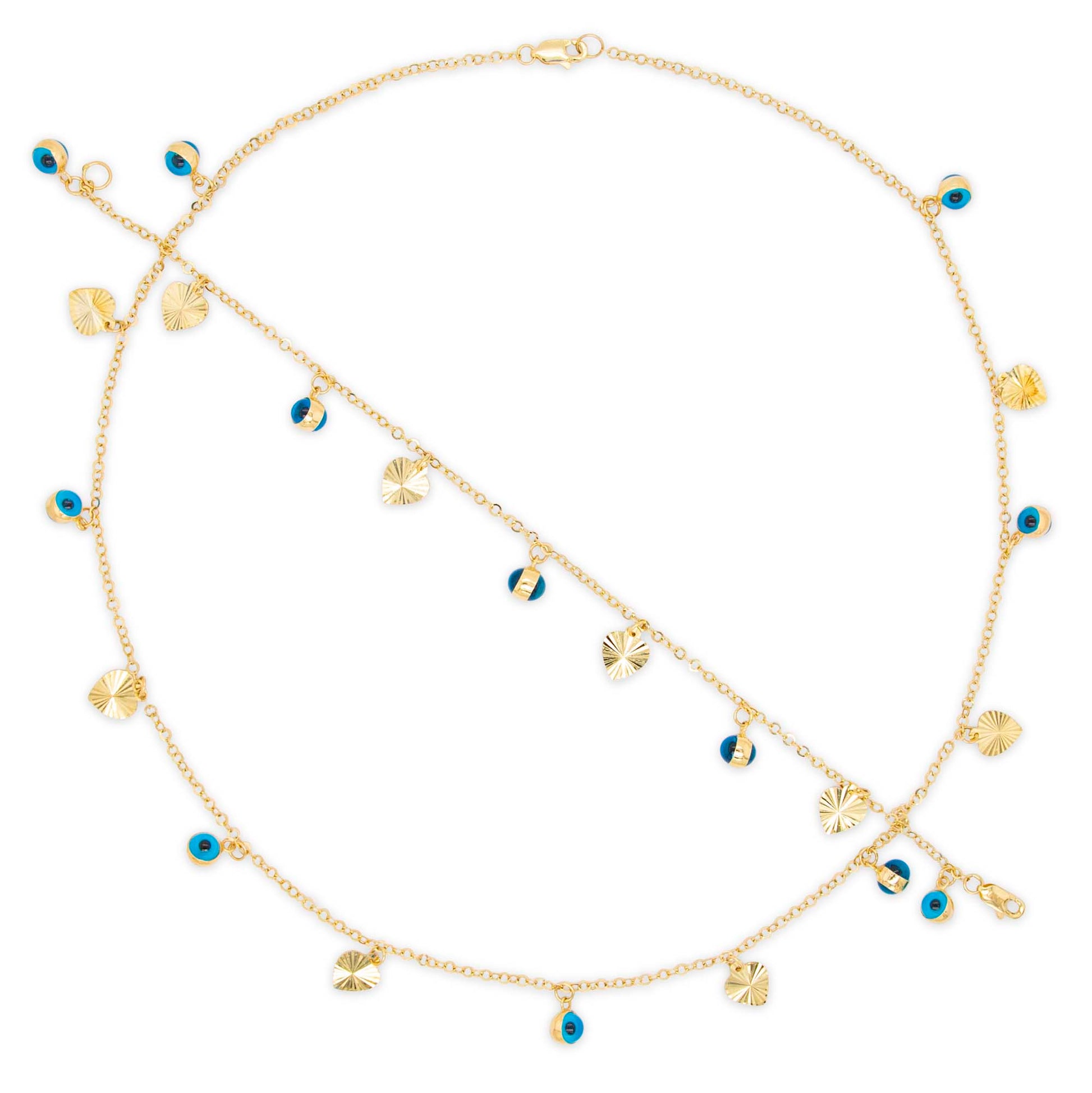 14K Yellow Gold Dangling Blue Evil Eye & Diamond Cut Heart Set