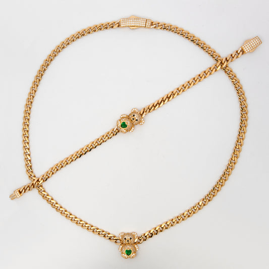 14k Yellow Gold Green Teddy Bear Set