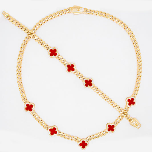 14k Yellow Gold 8 Red Acrylic Clover Set