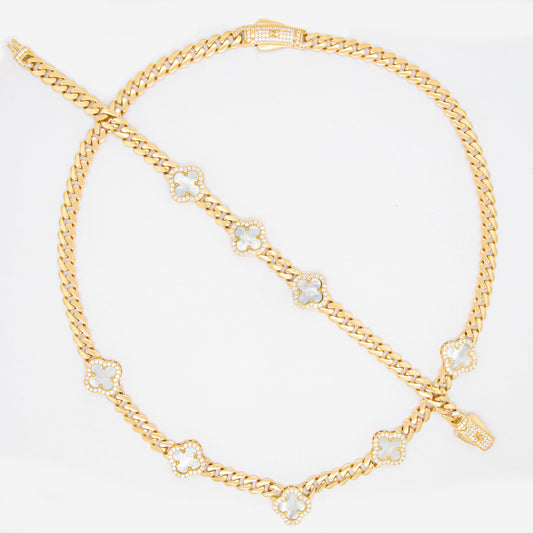 14k Yellow Gold 8 White Acrylic Clover Set