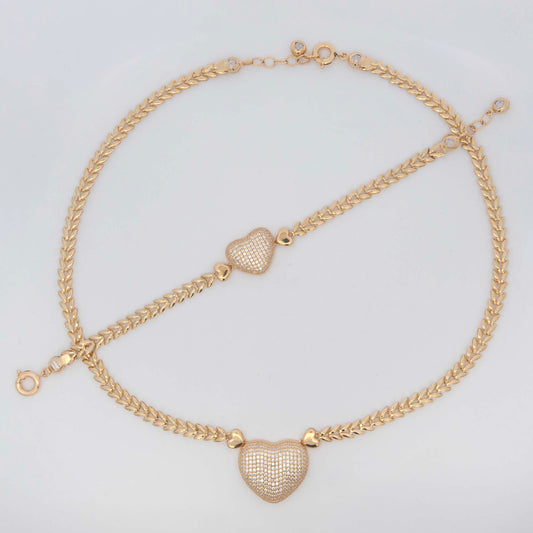 14K Yellow Gold CZ Hearts with Detailed Chain Set