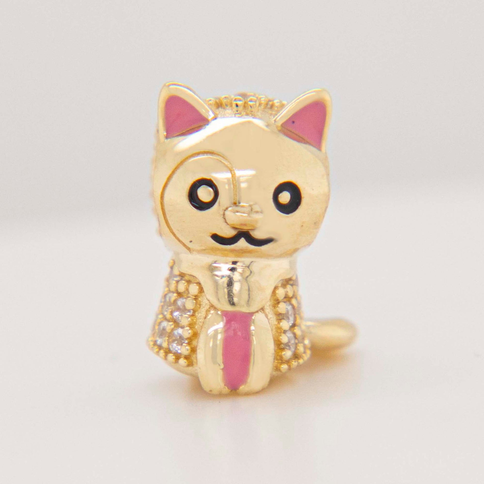 14K Yellow Gold Kitten with Pink Enamel and White CZ Accents Slider