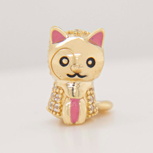 14K Yellow Gold Kitten with Pink Enamel and White CZ Accents Slider