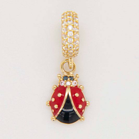 14K Yellow Gold Dangling Enamel Lady Bug with CZ Charm