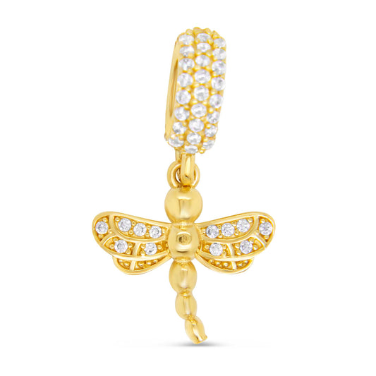 14K Yellow Gold Dangling CZ Dragon Fly Charm