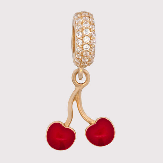 14K Yellow Gold Dangling Red Enamel Cherry Charm with CZ Bail
