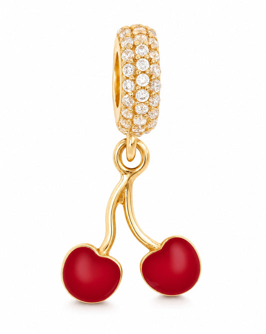 14K Yellow Gold Dangling Red Enamel Cherry Charm with CZ Bail