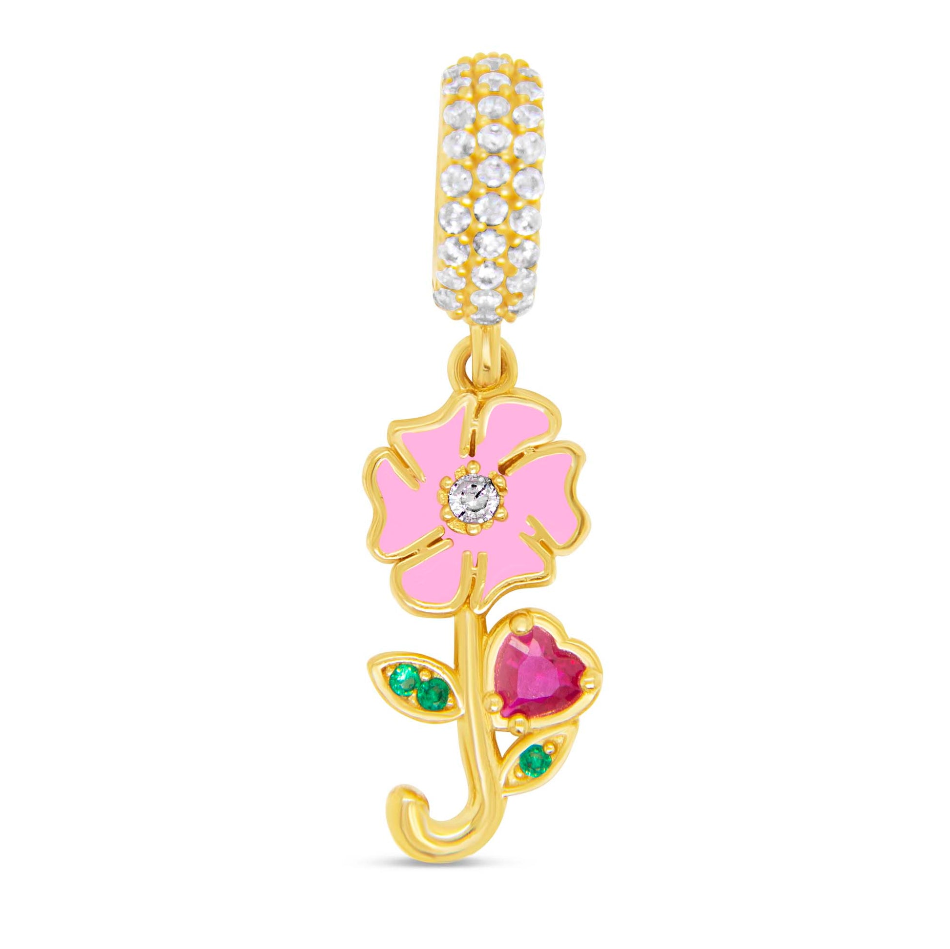 14K Yellow Gold Dangling Pink Enamel Flower Charm with CZ Accents