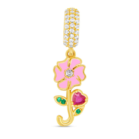 14K Yellow Gold Dangling Pink Enamel Flower Charm with CZ Accents