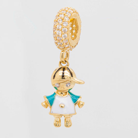 14K Yellow Gold Dangling Boy Enamel Charm with CZ Accents