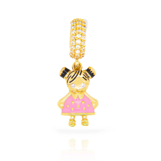 14K Yellow Gold Dangling Girl Enamel Charm with CZ Accents